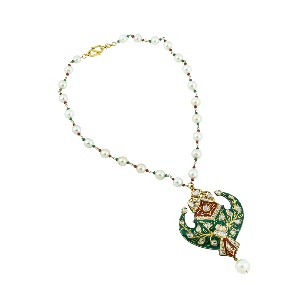 Pearl Necklace with Green-Red Enamel Pendant